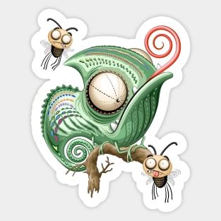 Chameleon and confused Fly Funny Cartoon Characters Sticker